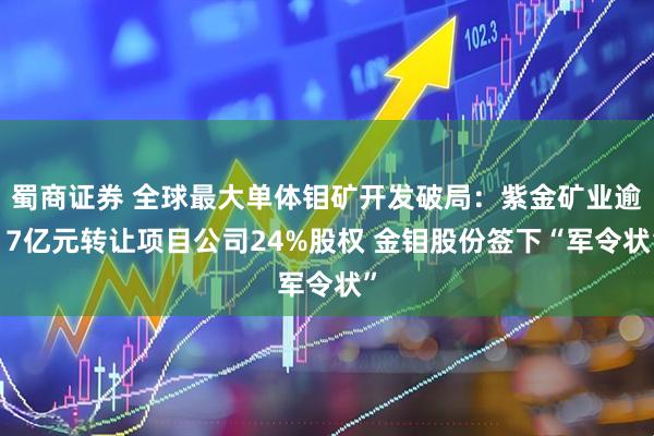 蜀商证券 全球最大单体钼矿开发破局：紫金矿业逾17亿元转让项目公司24%股权 金钼股份签下“军令状”